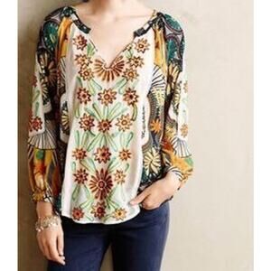 Kas New York‎ Floral Embroidered Boho Blouse Multicolor V-Neck Size M Medium